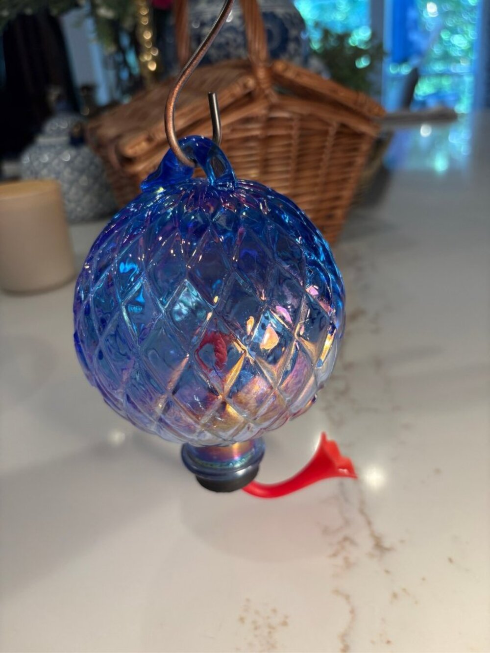Iridescent Blue Hand Blown Glass Hummingbird Feeder Textured Diamond